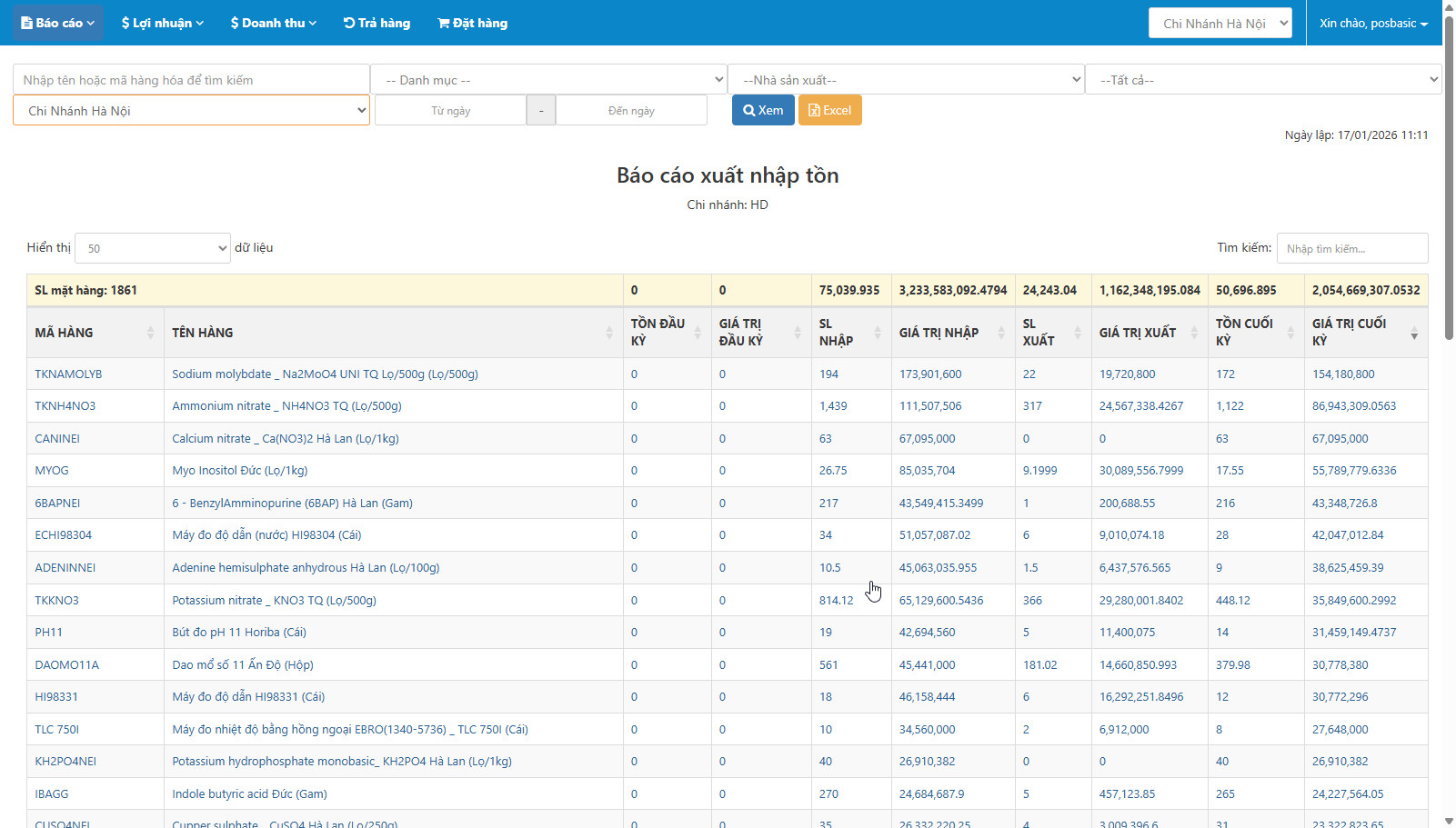 Báo cáo xuất nhập tồn